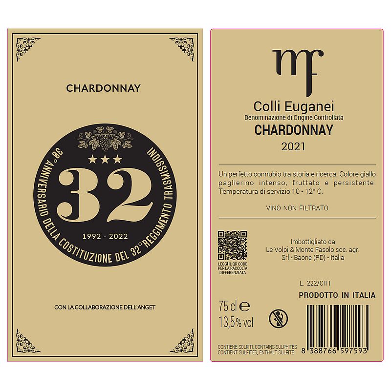 Etichetta bottiglia Chardonnay 30° anniversario della costituzione del 32° Reggimento Trasmissioni