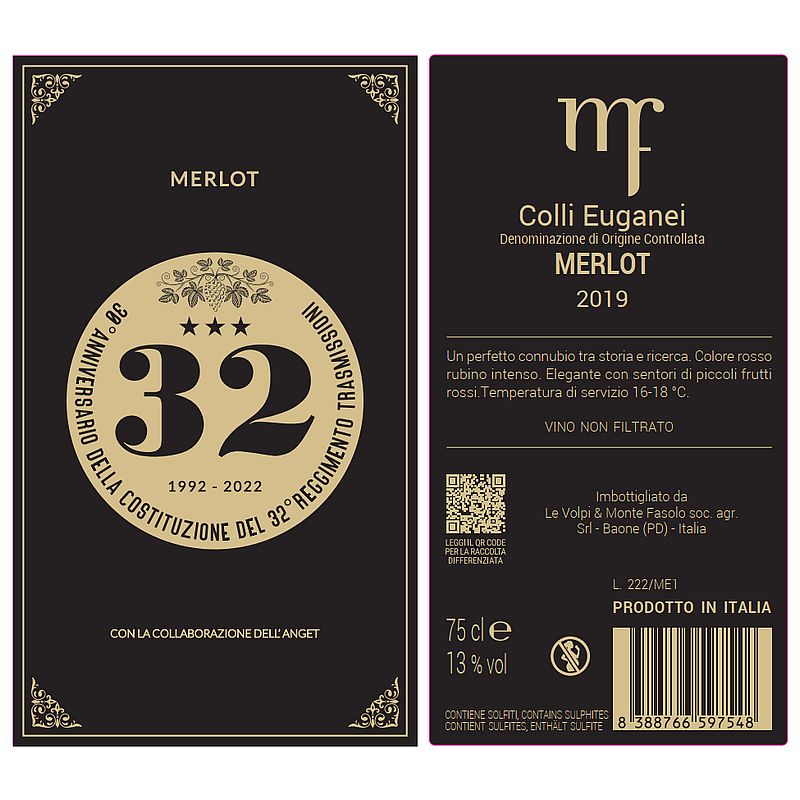 Etichetta bottiglia Merlot 30° anniversario della costituzione del 32° Reggimento Trasmissioni